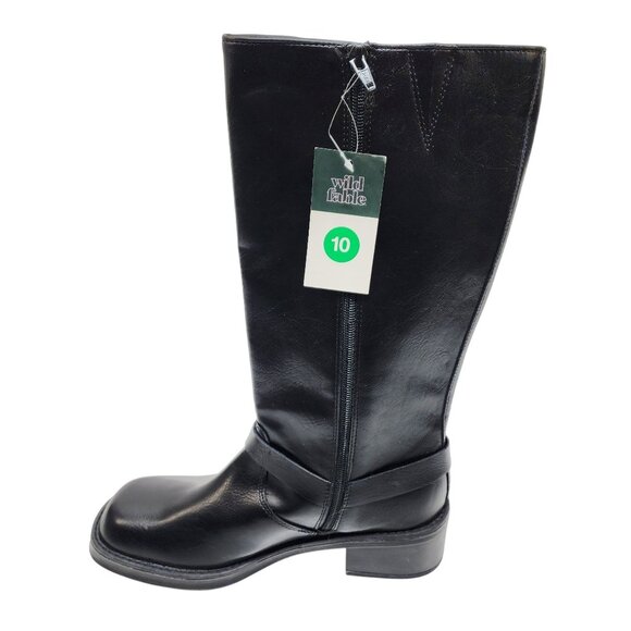 Wild Table Black Leather Knee-High Boot Side Buckles Zipper Closure Women SZ 10 - Picture 2 of 7